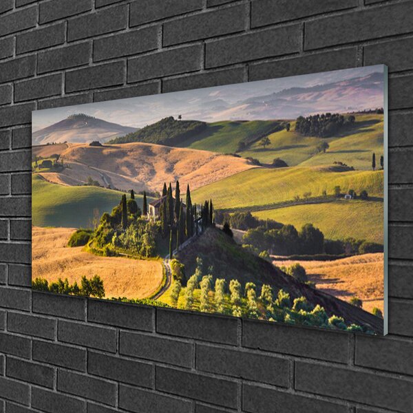 Quadro vetro Paesaggio dei prati di Upland Cottage 100x50 cm 2 appendini