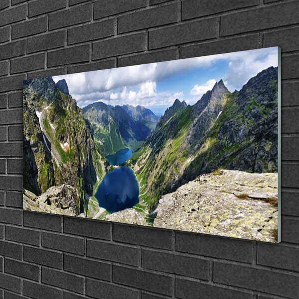 Quadro su vetro Montagne Valle Laghi Cime 100x50 cm 2 appendini