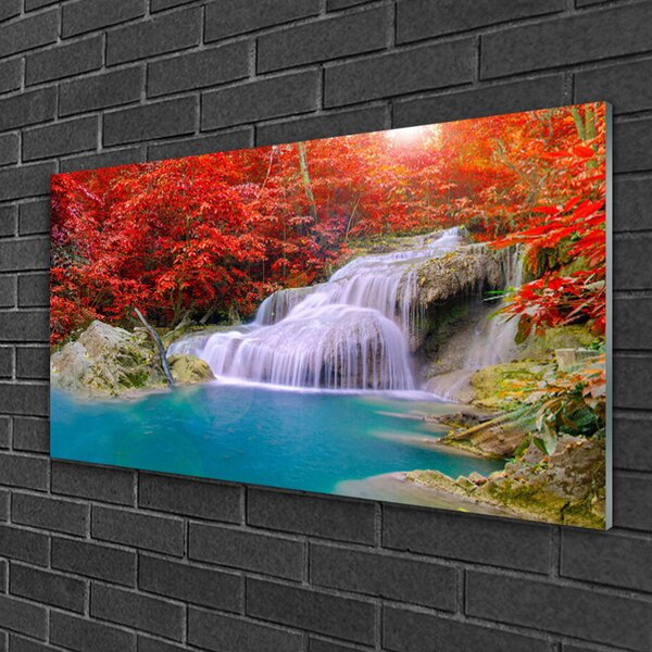 Quadro su vetro Foresta di cascate autunnali 100x50 cm 2 appendini