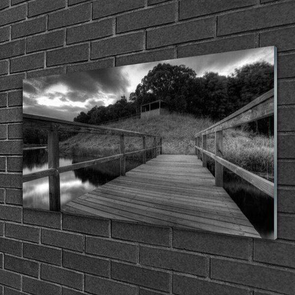 Quadro in vetro Molo del lago bianco e nero 100x50 cm 2 appendini
