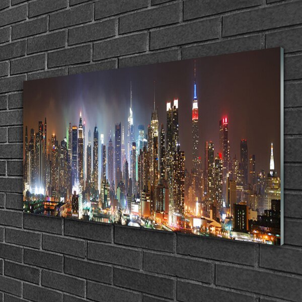 Quadro vetro Città della notte New York 100x50 cm 2 appendini