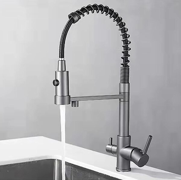 Miscelatore per lavello da cucina, con filtro dell'acqua, a due maniglie, rotazione a 360°, doccetta estraibile, per acqua calda e fredda, colore grigio gunmetal