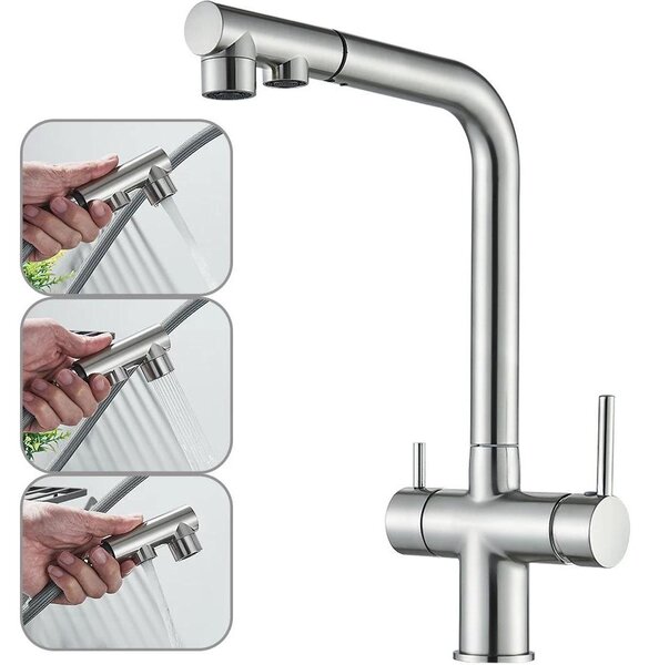 Miscelatore per lavello da cucina con filtro dell'acqua - Miscelatore multifunzione 3-in-1 - Doccetta estraibile - 2 manopole per acqua fredda e calda - Rotazione a 360° - Installazione monoblocco - Finitura in nichel spazzolato