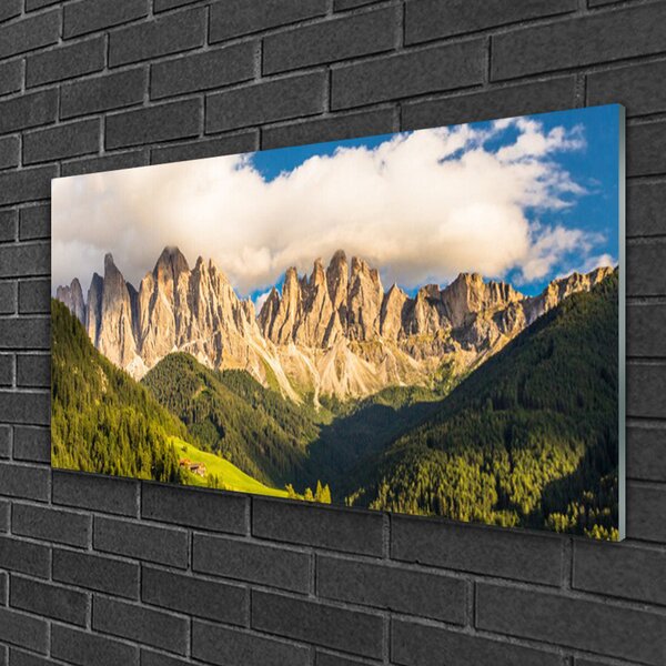 Quadro vetro Cime delle montagne Nuvole Foreste Prato 100x50 cm 2 appendini