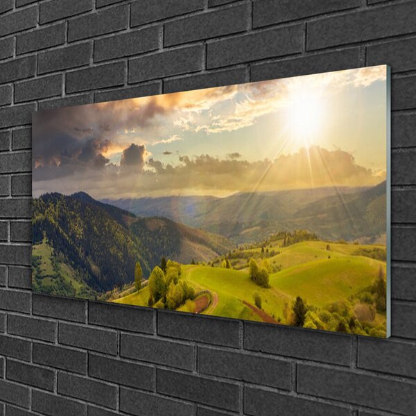 Quadro in vetro Montagne Prato Tramonto 100x50 cm 2 appendini