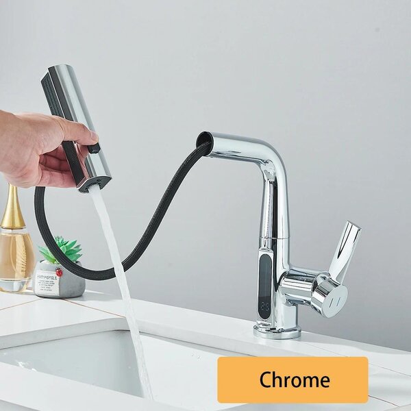 Miscelatore da cucina a cascata – Doccetta estraibile montata a parete – Display digitale della temperatura – Miscelatore monocomando per acqua calda e fredda – Installazione monoblocco – Cromato