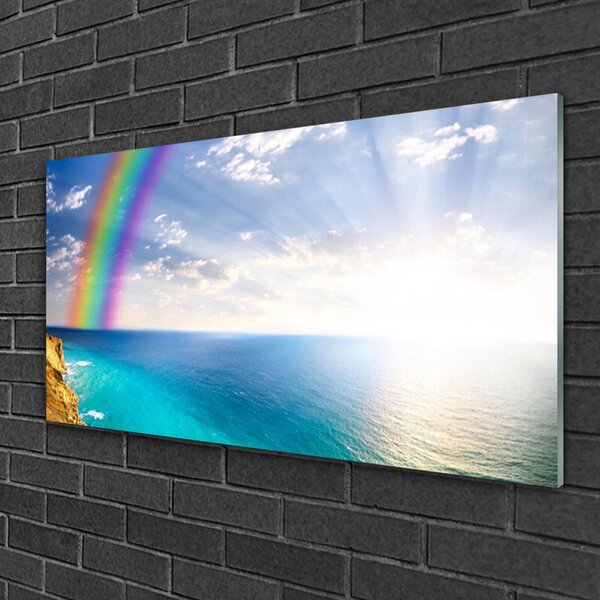 Quadro vetro Paesaggio Arcobaleno sul mare 100x50 cm 2 appendini