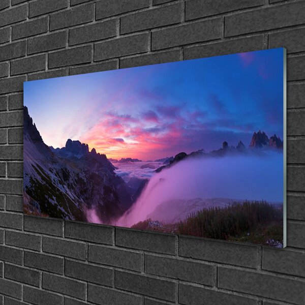 Quadro in vetro Alba delle montagne nebbiose 100x50 cm 2 appendini