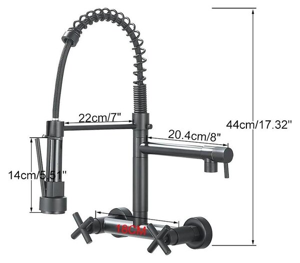 Miscelatore per lavello da cucina – Montaggio a parete – Girevole a 360° – Miscelatore a due manopole – Doccetta laterale – Adatto per acqua calda e fredda – Nero con supporto