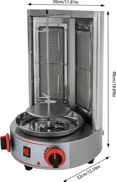 Griglia a gas verticale - Griglia rotante - 4,3 kW - Acciaio inossidabile - Spiedo rotante a 360° - Ideale per cucinare carne e altri alimenti, sia in casa che in ambito professionale