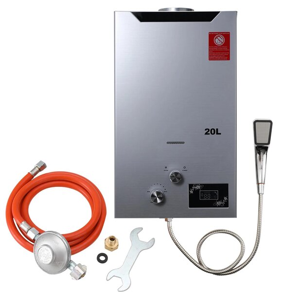 Scaldabagno a gas istantaneo - Boiler per acqua calda - 20 litri, alimentato a GPL/propano - Acqua calda istantanea - Con doccetta - Set con regolatore di pressione del gas a 30 mbar - Acciaio inossidabile