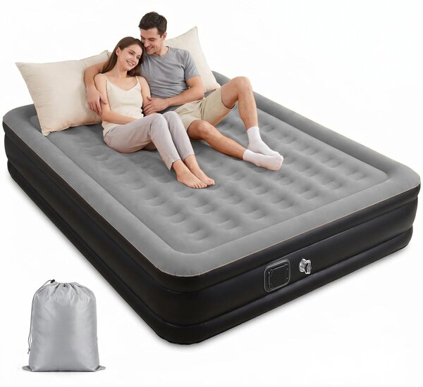 Letto gonfiabile matrimoniale - Materasso ad aria - 200x150x45 cm - Con schienale - Per 2 persone - Ideale per campeggio, uso domestico o in auto - Grigio