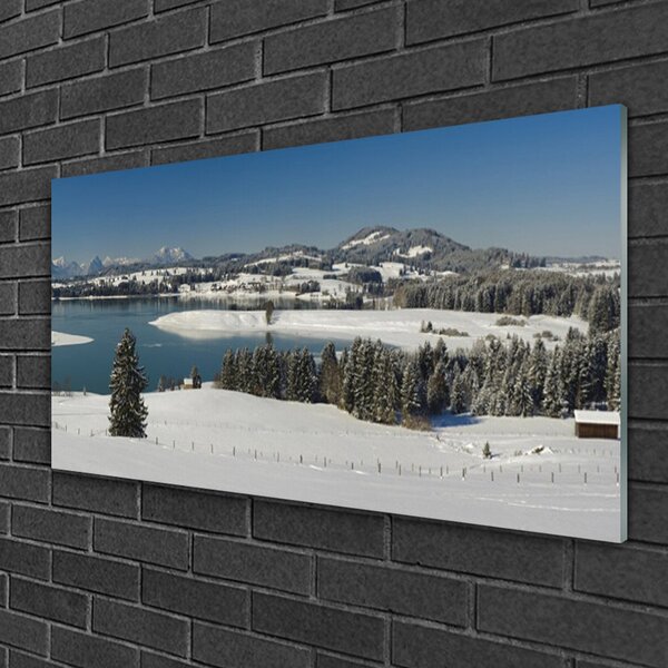 Quadro di vetro Lago Neve Terra Montagna 100x50 cm 2 appendini