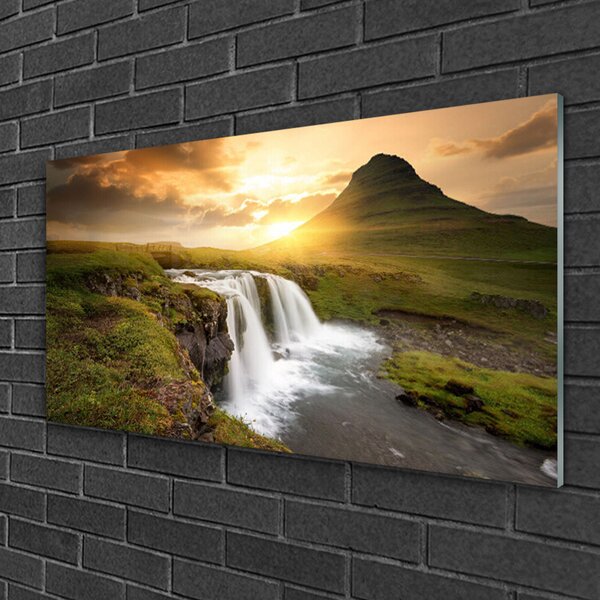 Quadro in vetro Montagne Cascata Natura 100x50 cm 2 appendini