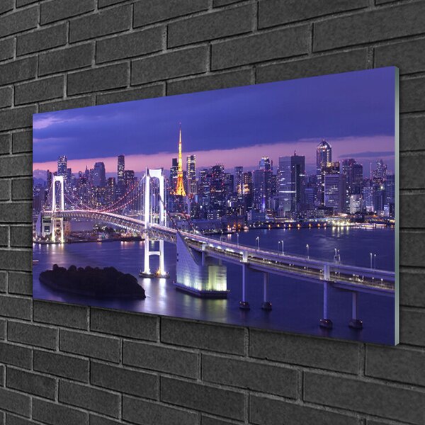 Quadro di vetro Architettura della città del ponte 100x50 cm 2 appendini