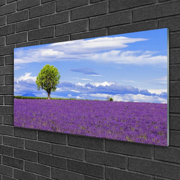Quadro vetro Campo di lavanda Albero della natura 100x50 cm 2 appendini