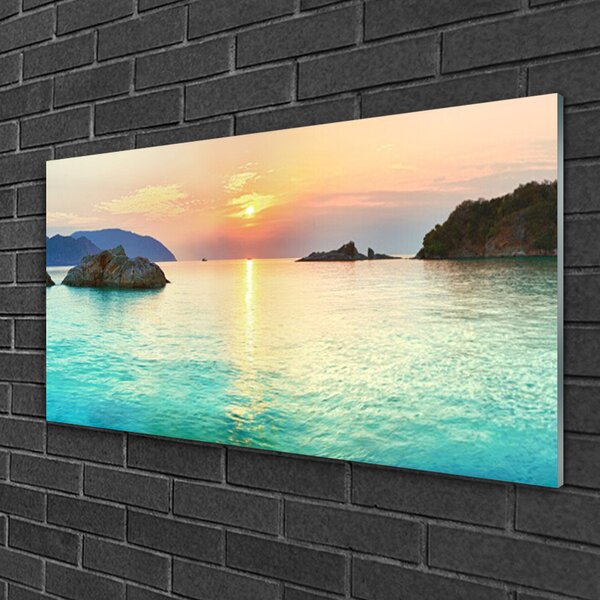 Quadro vetro Sole Rocce Mare Paesaggio 100x50 cm 2 appendini