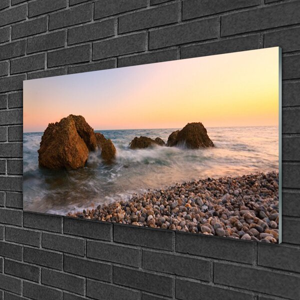 Quadro in vetro Onde del mare costiero Rocce 100x50 cm 2 appendini