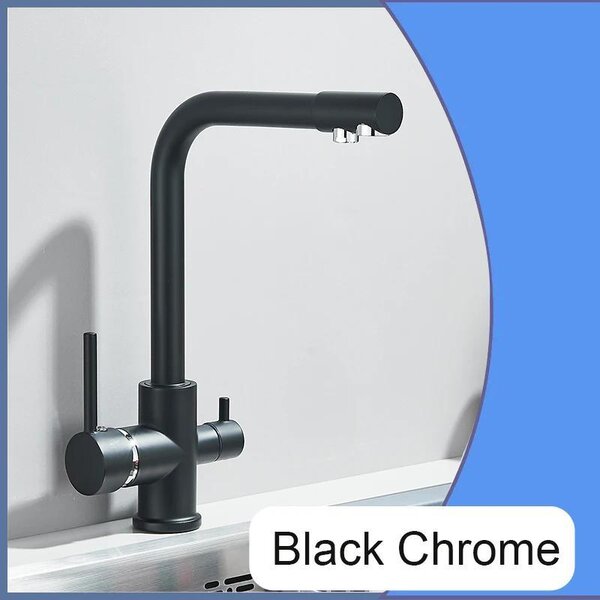 Miscelatore per cucina con filtro dell'acqua - Miscelatore a due manopole - Acqua calda e fredda - Bocchetta girevole a 360° - Installazione su foro singolo - Nero cromato