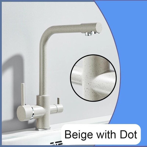 Rubinetto da cucina con filtro - Miscelatore monocomando a due manopole - Bocchetta girevole a 360° - Acqua calda e fredda - Ottone spazzolato - Beige con puntini