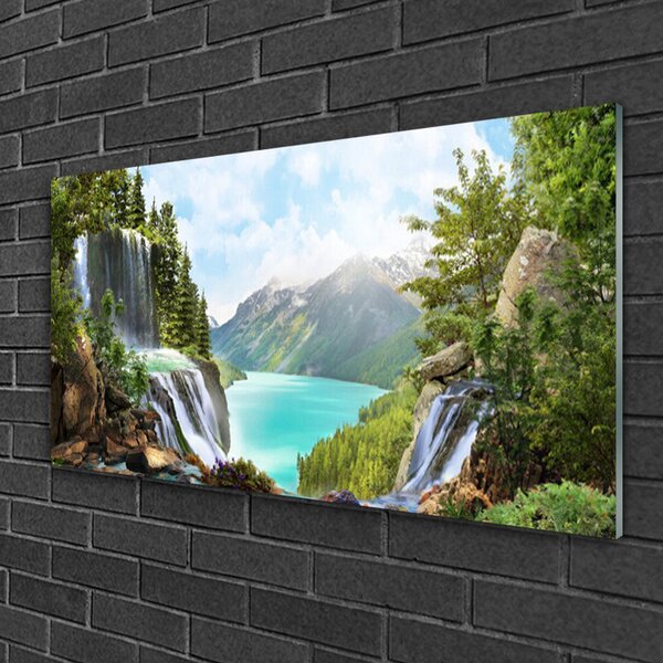 Quadro vetro Cascata di Bay Mountain 100x50 cm 2 appendini