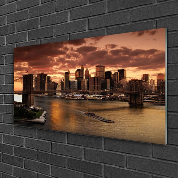 Quadro in vetro Ponte della città di Brooklyn 100x50 cm 2 appendini