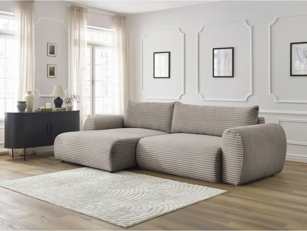 Divano angolare in grigio chiaro/beige allungabile (con penisola a sinistra) con rivestimento in velluto a coste Lucien – Bobochic Paris