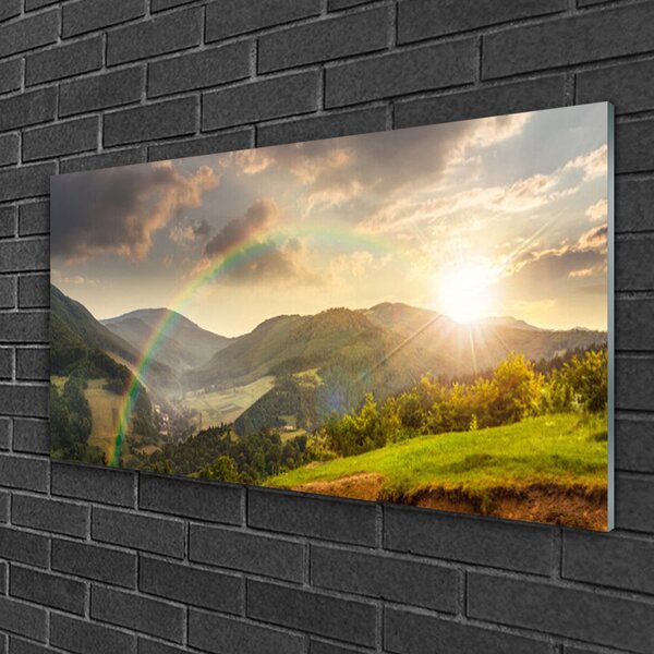 Quadro in vetro Tramonto sulle montagne di Meadow 100x50 cm 2 appendini