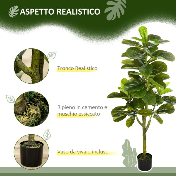 HOMCOM Pianta Artificiale di Ficus da 150 cm a 75 Foglie e 3 Rami con Vaso Ø15x12.5 cm, per Interni ed Esterni, Verde|Aosom