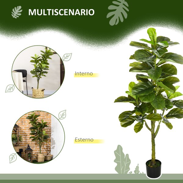 HOMCOM Pianta Artificiale di Ficus da 150 cm a 75 Foglie e 3 Rami con Vaso Ø15x12.5 cm, per Interni ed Esterni, Verde|Aosom