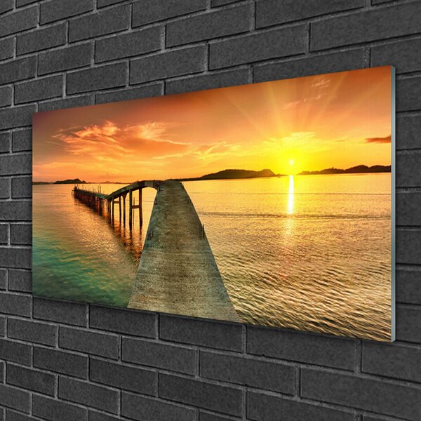 Quadro vetro Mare Sole Ponte Paesaggio 100x50 cm 2 appendini