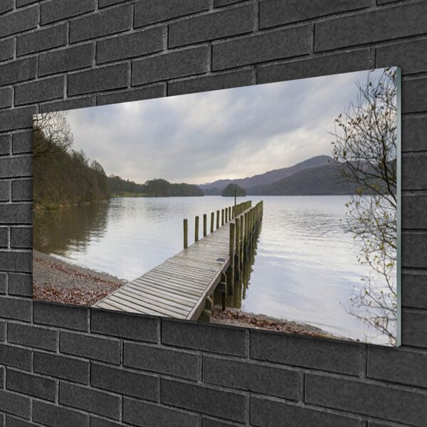 Quadro su vetro Ponte dell'architettura del lago 100x50 cm 2 appendini