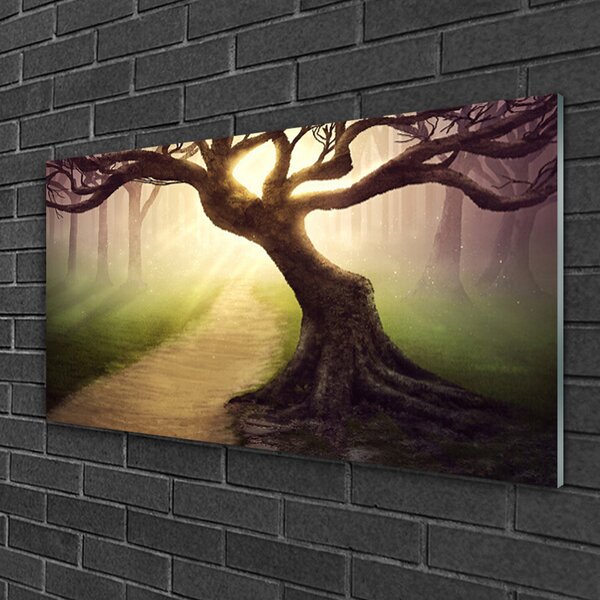 Quadro in vetro Albero Raggi di sole 100x50 cm 2 appendini