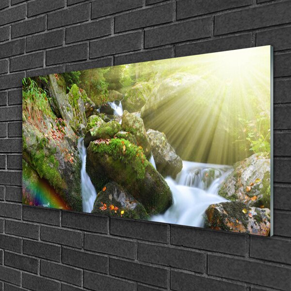Quadro su vetro Cascata Arcobaleno Natura Torrente 100x50 cm 2 appendini