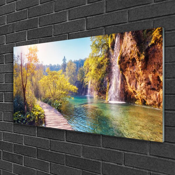 Quadro in vetro Lago Paesaggio Cascata 100x50 cm 2 appendini