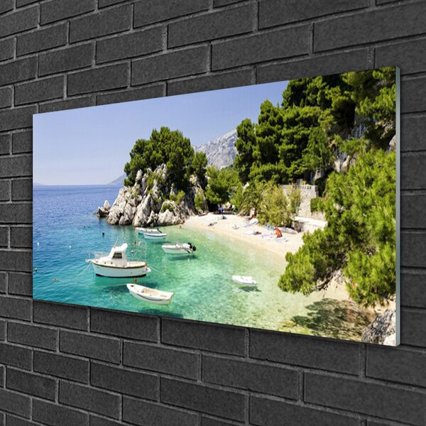 Quadro in vetro Spiaggia di mare Rocks Boats 100x50 cm 2 appendini