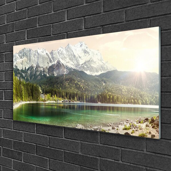Quadro su vetro Montagne Foresta Lago Paesaggio 100x50 cm 2 appendini