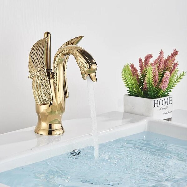 Badarmatur Schwan - Miscelatore per lavabo - Design vintage - Modello a basso profilo, montaggio a incasso - Miscelatore monocomando per acqua calda e fredda - Ottone lucido dorato