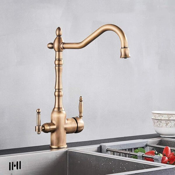 Rubinetto da cucina con filtro dell'acqua - Miscelatore per lavello - Girevole a 360° - Con due manopole - Acqua calda e fredda - Doccetta estraibile - Montaggio a foro singolo - Ottone anticato