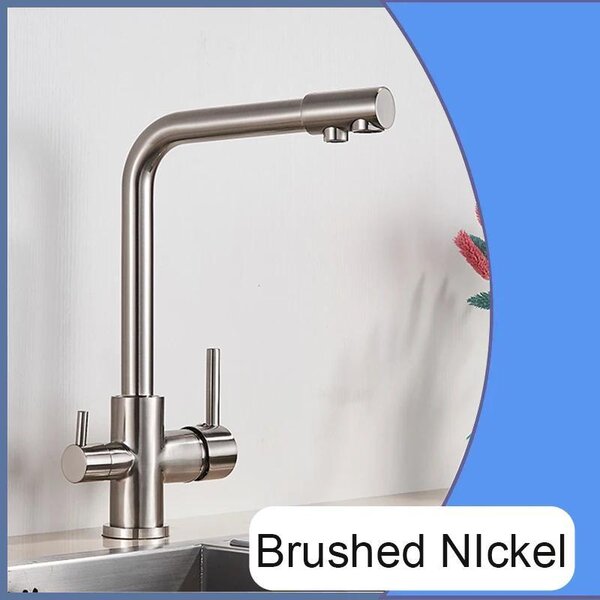 Rubinetto da cucina con filtro dell'acqua - Miscelatore a due manopole - Rubinetto per acqua potabile - Bocchetta girevole a 360° - Montaggio su un foro - Ottone - Finitura in nichel spazzolato