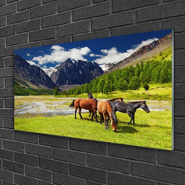 Quadro in vetro Montagne Alberi Cavalli Animali 100x50 cm 2 appendini