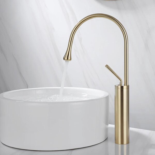 Miscelatore moderno per lavabo – Rubinetto da bagno – Modello alto – Miscelatore monocomando per lavabo – Montaggio a incasso con un foro – Valvola in ottone con inserto in Vetroceramica – Finitura dorata spazzolata