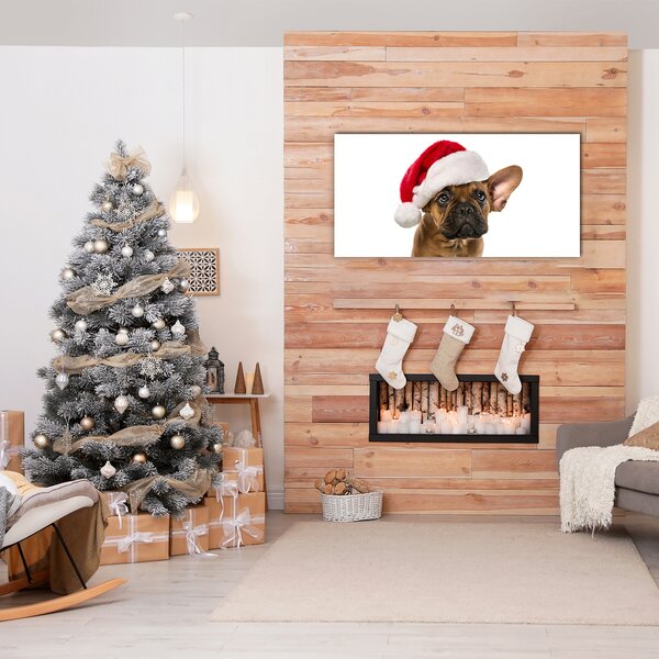 Quadro in vetro Bulldog cane di Natale 100x50 cm 2 appendini