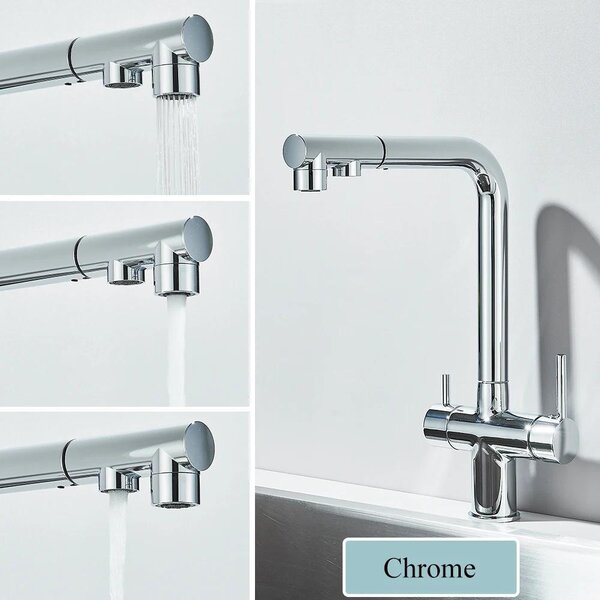 Miscelatore da cucina con filtro per l'acqua - Doccetta estraibile - Acqua calda e fredda - Miscelatore a due manopole - Installazione su foro singolo - Cromato