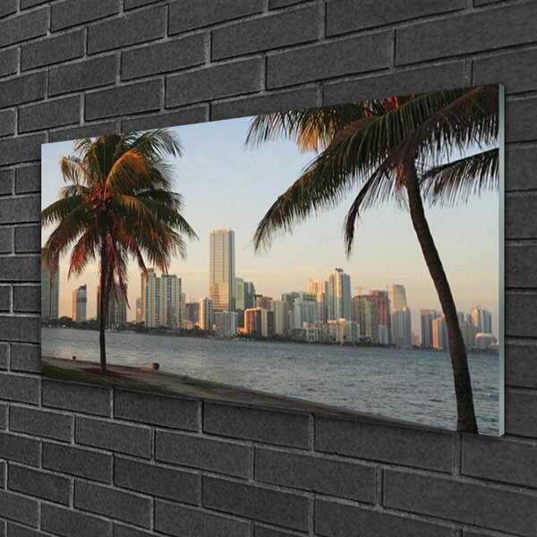 Quadro su vetro Palme Città tropicale Mare 100x50 cm 2 appendini