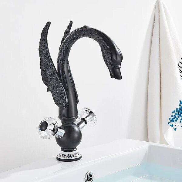 Miscelatore monocomando per lavabo a forma di cigno, da montare a incasso, con erogatore a cascata in ottone, due manopole per la regolazione dell'acqua calda/fredda, installazione su un foro, finitura nera opaca