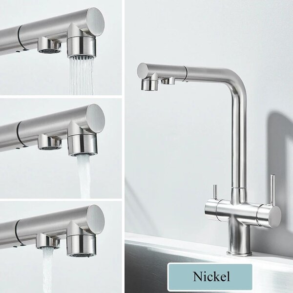 Miscelatore per cucina con due rubinetti – Doccetta estraibile – Acqua calda e fredda – Filtro per acqua potabile – Finitura in nichel spazzolato