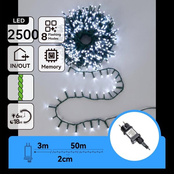 Aigostar - Catena luminosa natalizia a LED per esterni 2500 LED/8 modalità 53 m IP44 bianco freddo