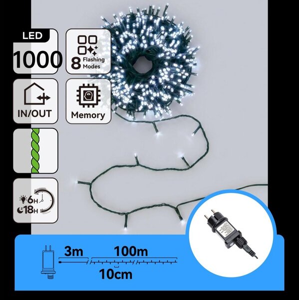 Aigostar - Catena luminosa natalizia LED per esterni 1000xLED/8 funzioni 103m IP44 bianco freddo