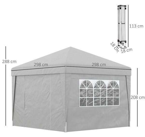 Outsunny Gazebo 3x3 m Pieghevole ad Altezza Regolabile con Finestrelle, in Acciaio e Tessuto Oxford Grigio Chiaro